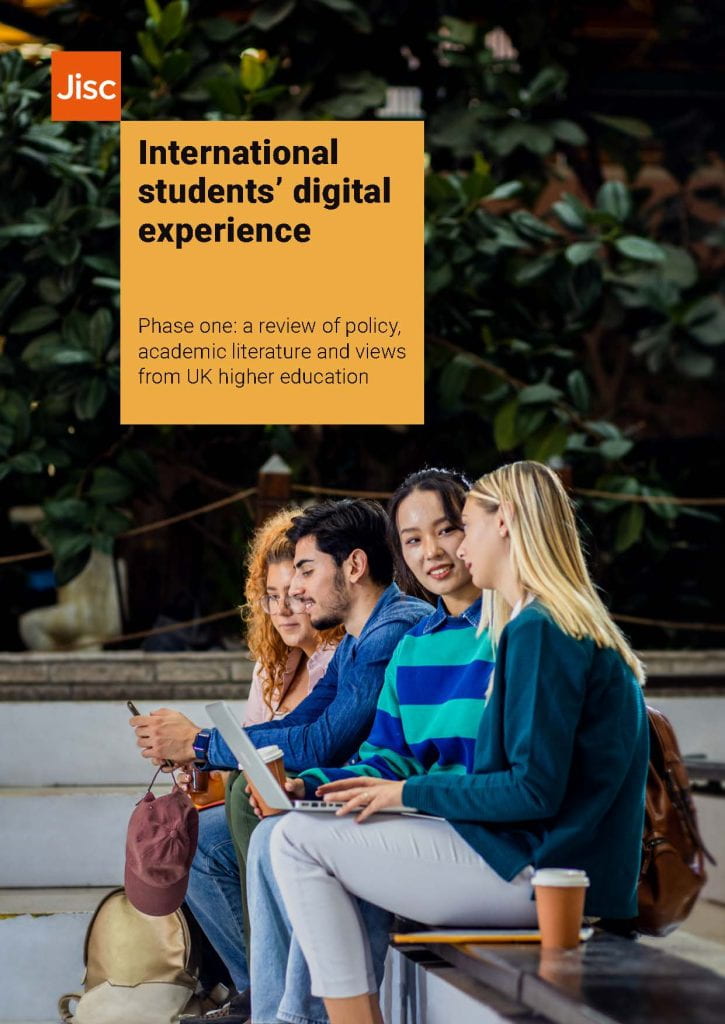 Publication front cover with a image portraying a group of students socialising.