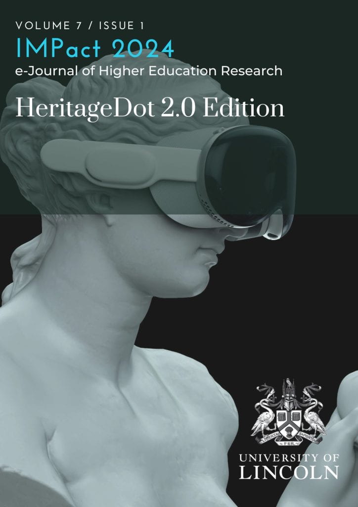 Cover image for IMPact Volume 7 Issue 3 HeritageDot 2.0 Edition. Imagery features a female statue wearing a VR headset.